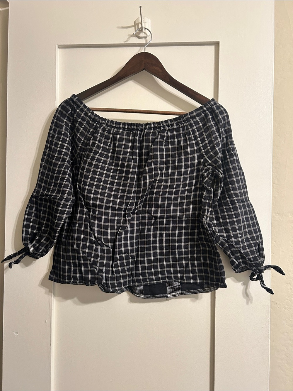 Madewell Black and White Off-Shoulder Plaid Blouse